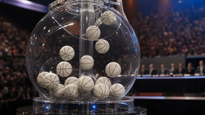 NBA დრაფტის ლატარიის გამჭვირვალე ბარაბანში მოთავსებული კალათბურთის ბურთები და უკანა ფონზე ღონისძიების დარბაზი.
