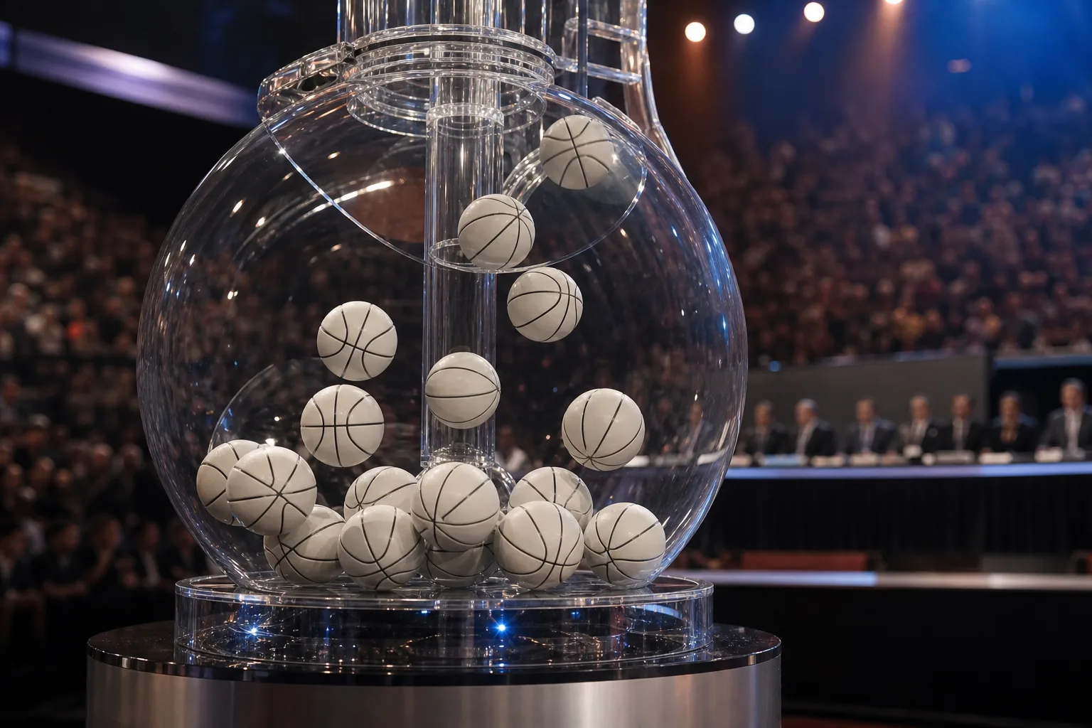 NBA დრაფტის ლატარიის გამჭვირვალე ბარაბანში მოთავსებული კალათბურთის ბურთები და უკანა ფონზე ღონისძიების დარბაზი.