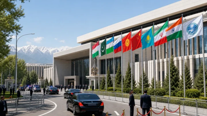 სამიტის შენობის წინ გამოფენილი სხვადასხვა ქვეყნის დროშები და მისასვლელთან გაჩერებული ავტომობილები, ფონზე თოვლიანი მთებით.